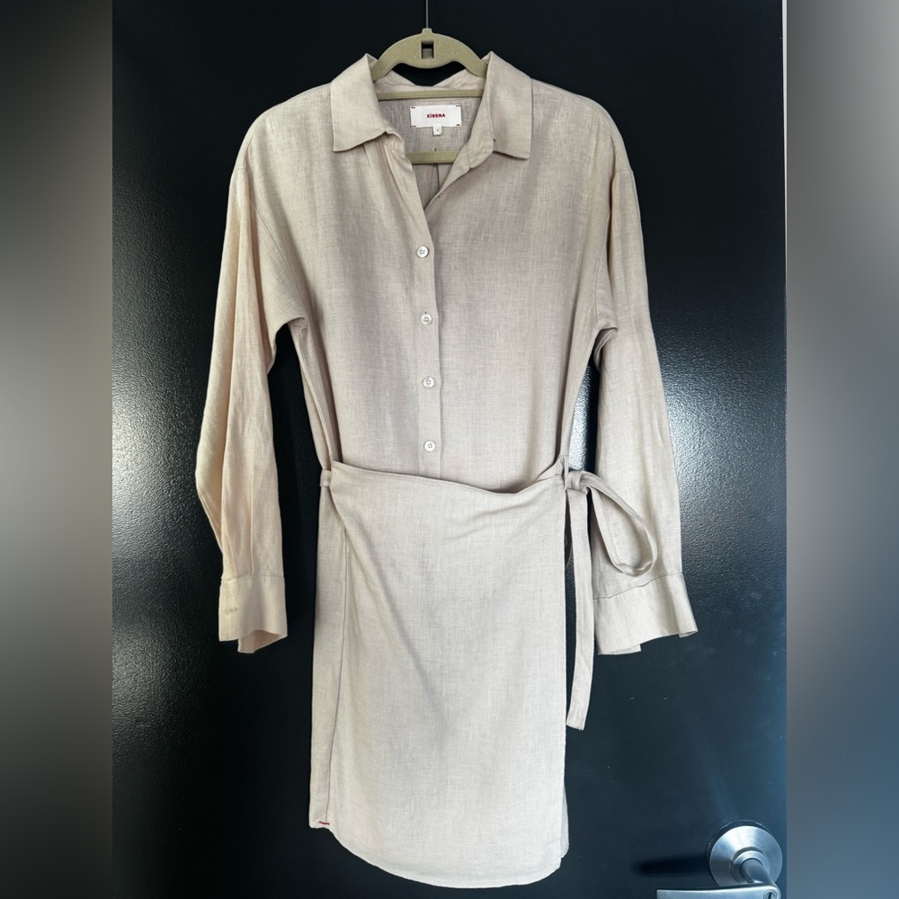 Xirena Neutral Beige Shirt Dress with Tie Waist